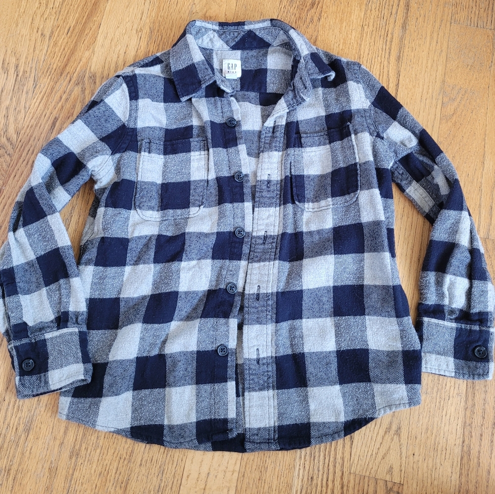 Gap Kids Navy And Gray Plaid Flannel Shirt, Size Small